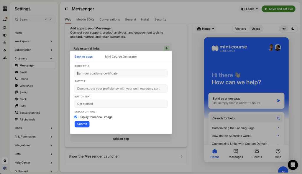 Customize a course block in Intercom by setting the title, subtitle, button text, and thumbnail display.