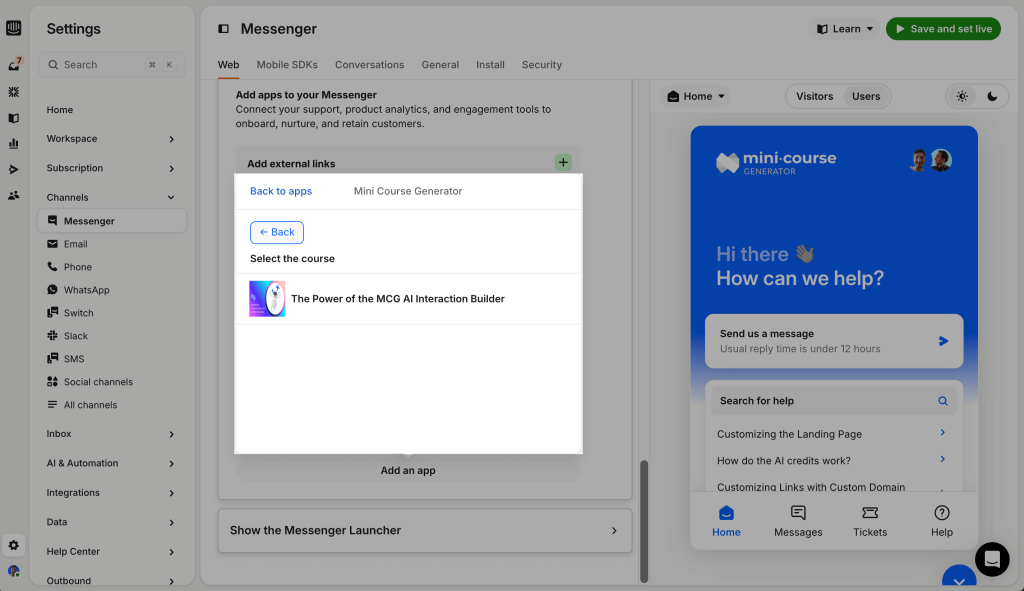 Select a course to add as a block in Intercom Messenger using Mini Course Generator.
