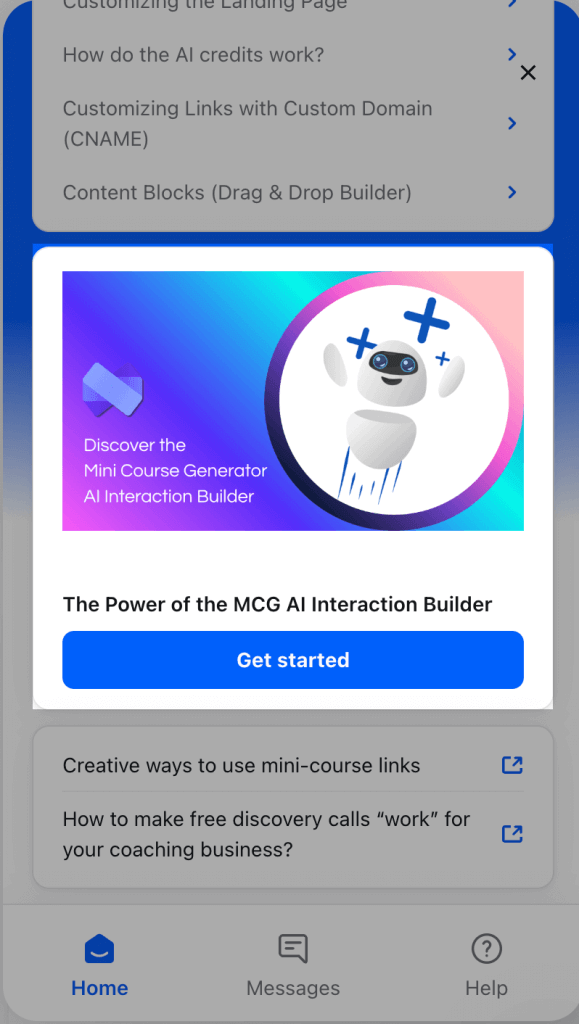 Mini Course Generator dashboard showing a card promoting the AI Interaction Builder with a “Get started” button.
