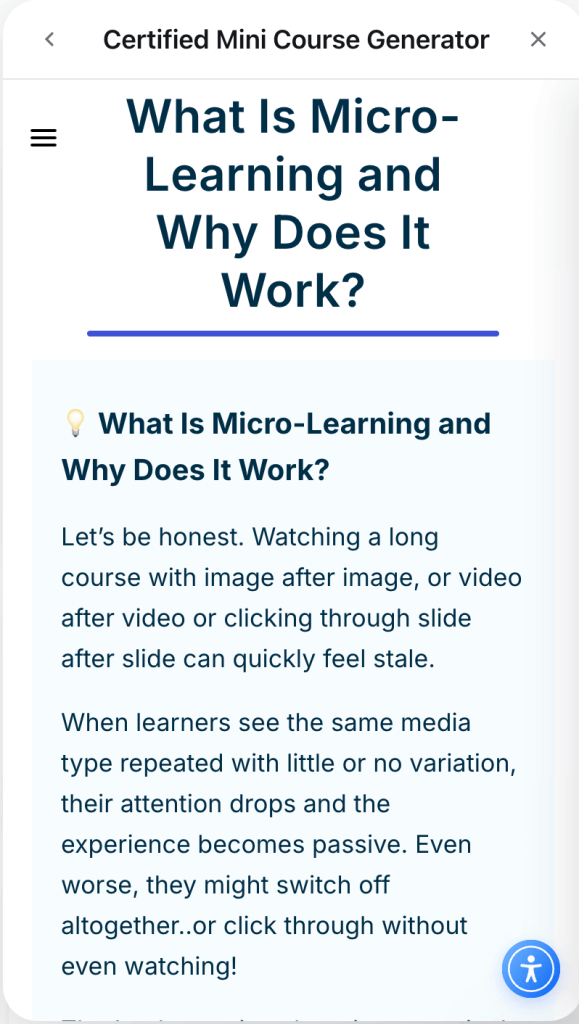 Lesson page explaining what micro-learning is and why it works, displayed inside the Certified Mini Course Generator.