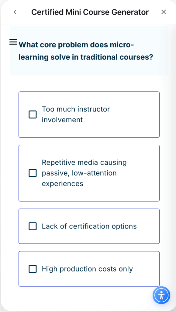 Interactive quiz asking what problem micro-learning solves, with multiple-choice options displayed on a mobile screen.
