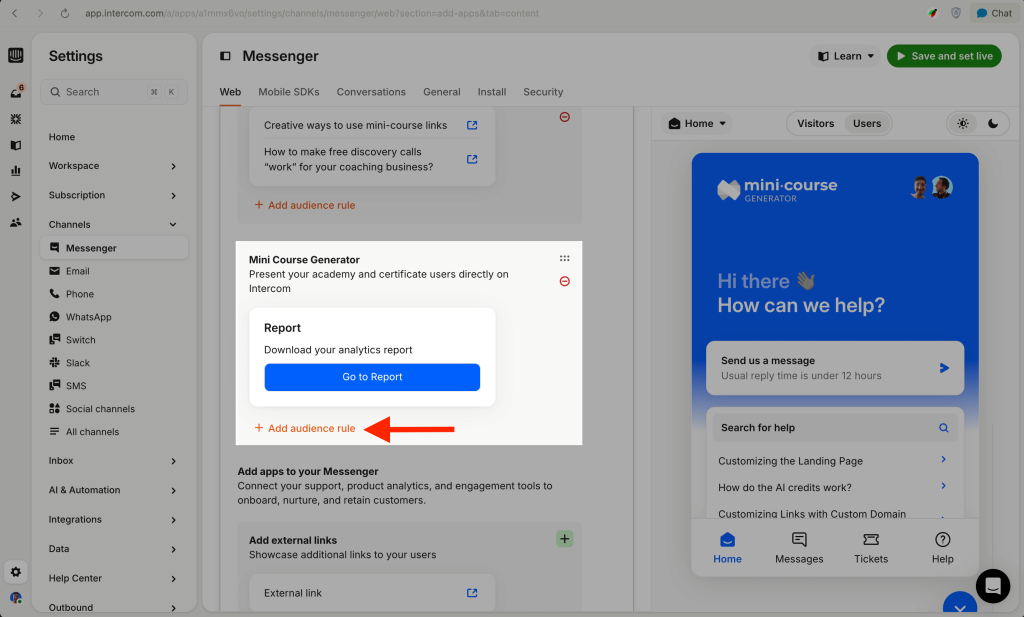 Display a report block inside Intercom Messenger that lets users download their analytics report with a single click.