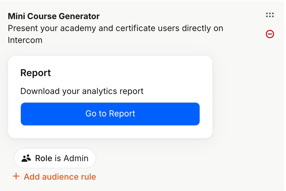 Show an analytics report card in Intercom Messenger so admins can download reports directly from chat.