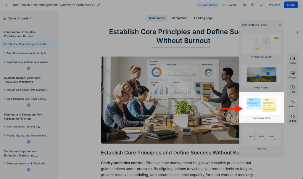 Course editor interface showing a mini-course lesson with an Actions Block panel, highlighting the Community Block option for adding discussion boards to learning content.