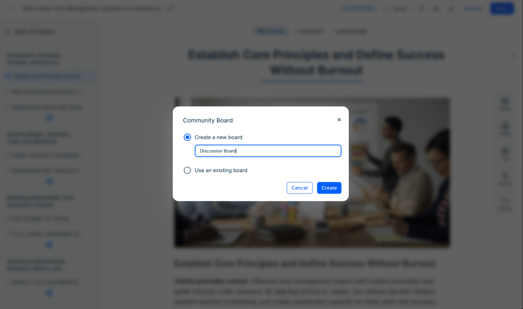 Modal window for creating a new community discussion board, allowing instructors to name a board or select an existing one directly from the course editor.
