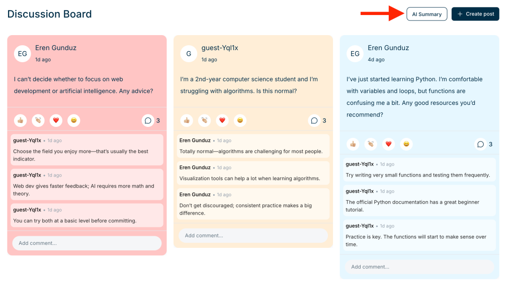 Interactive discussion board displaying learner posts and comments, featuring reactions, replies, and an AI Summary button for quickly reviewing key discussion themes.