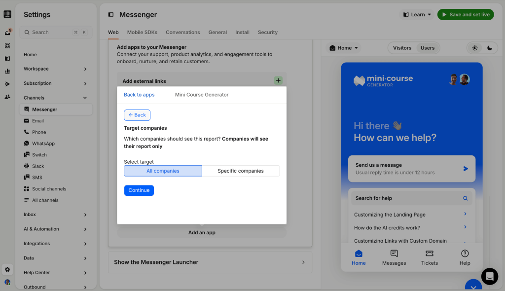 Choose which companies can access reports in Intercom by targeting all companies or selecting specific ones.