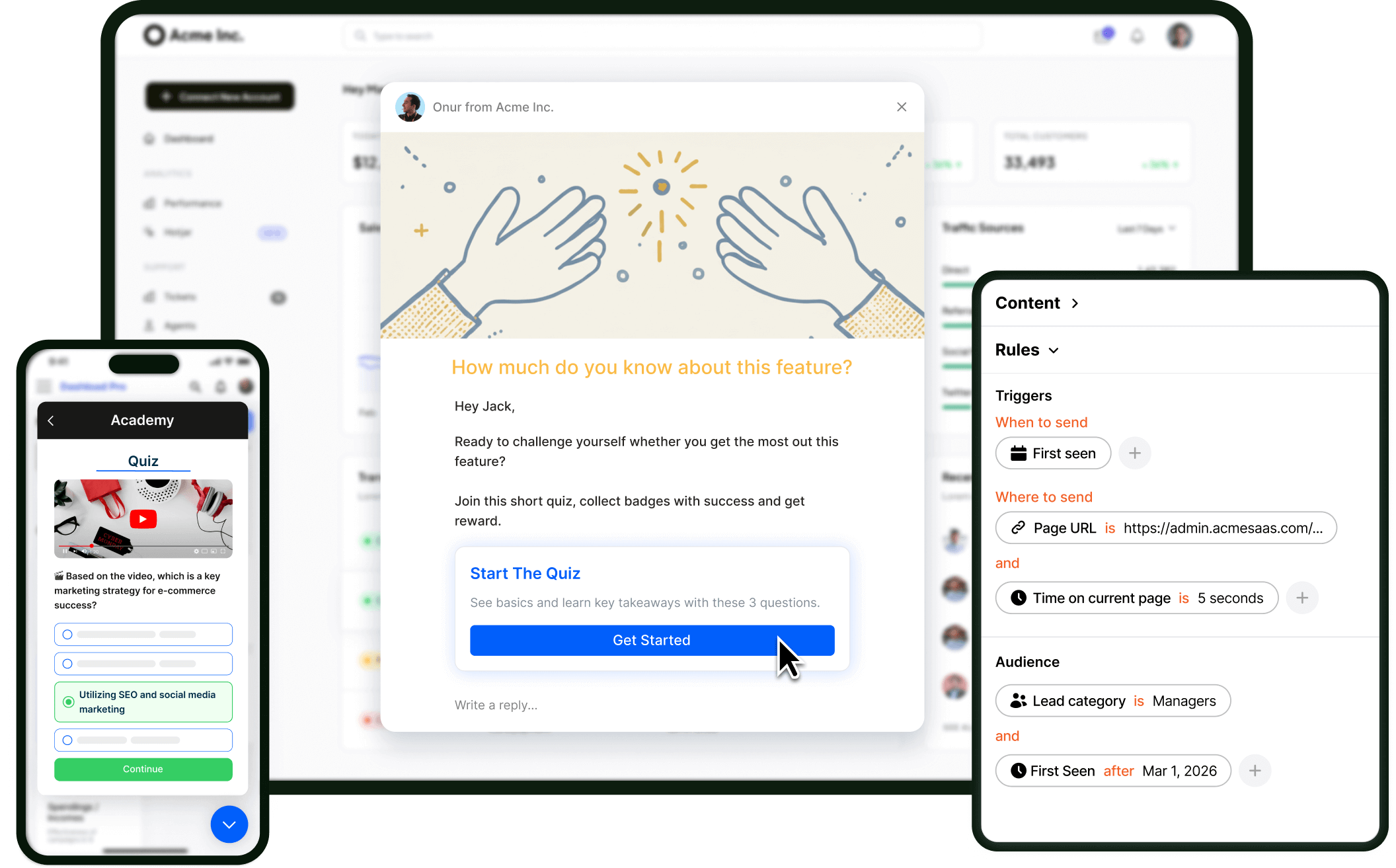 Intercom app interface demonstration showing interactive quiz and mini-course delivery across multiple devices including desktop browser, mobile phone, and admin configuration panel with content, rules, and audience targeting options