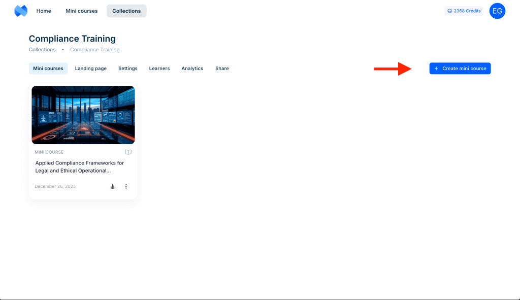Collections page showing the Create mini course button in the top right corner