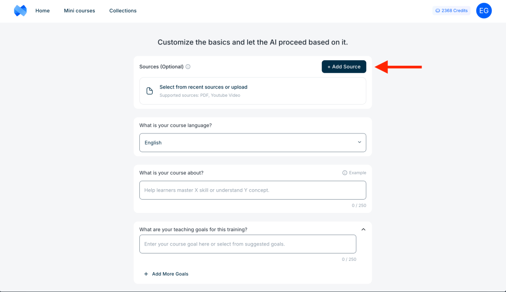 Course creation page with the Add Source button highlighted in the top right of the Sources section