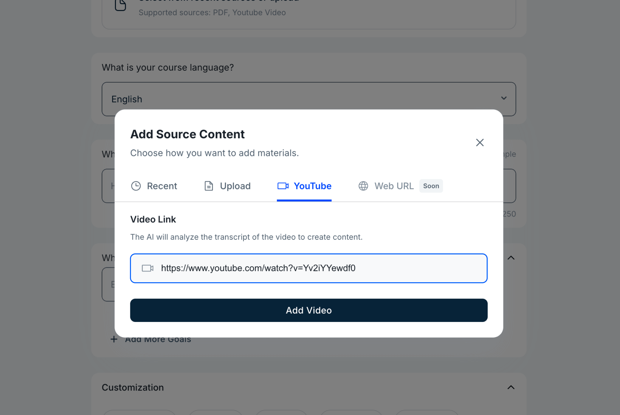 Pasting a YouTube URL into Mini Course Generator